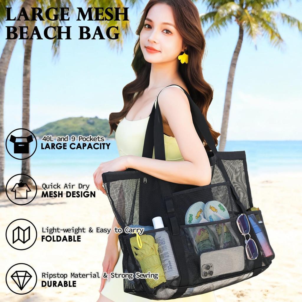Mesh Beach Tote Bag with Zipper Pocket Family Travel Vacation Cruise Toy Pool Bag 