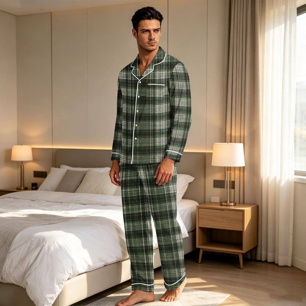 Herren-Karomuster-Pyjamaset mit Knopfleisten-Cardigan und gerader Hose - Entspannte zweiteilige Nachtwäsche für Herren