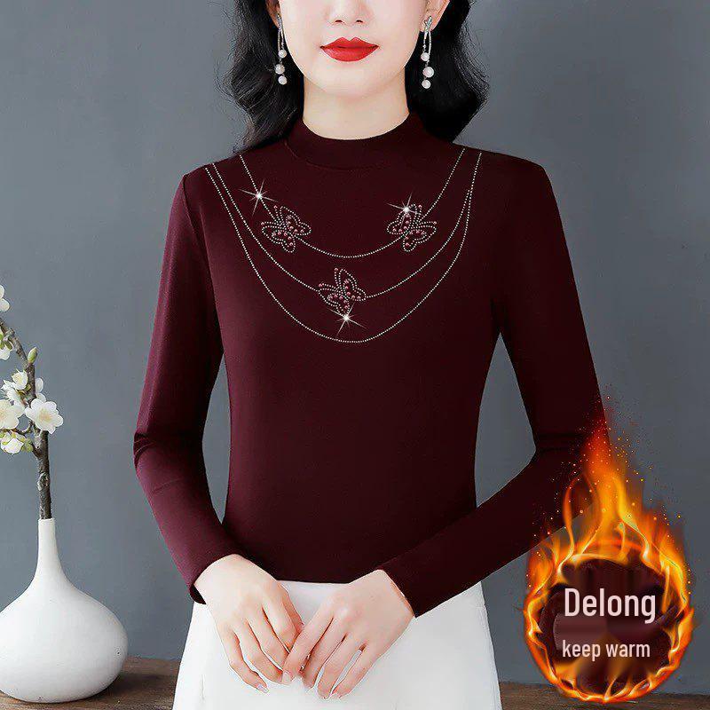Women's Double-Sided German Fleece Turtleneck Top, Long Sleeve, 2026 Autumn/Winter, Stylish with Hot Drill Accents, Warm and Trendy.