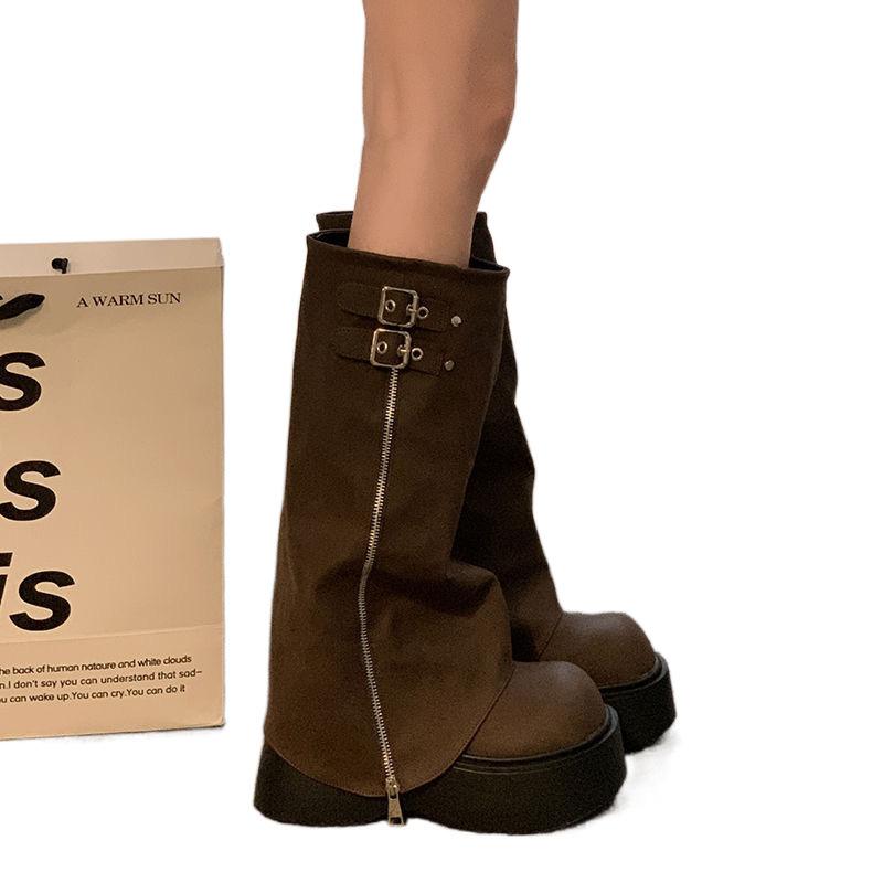 Women's Boots Thick Sole Height Increasing Knee Long Tube Boot Platform Round Toe Side Zipper Fashion Belt Buckle Women Shoes