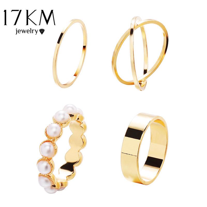 

17KM Ретро Инкрустированная Жемчужный Сустав Женское Кольцо Набор Четыре Части Набор