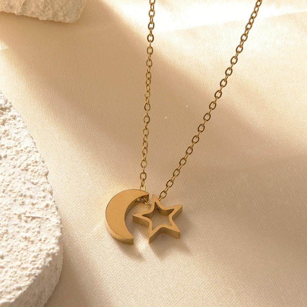 Pentagram Star Moon Necklace Stainless Steel Couple Neck Chain Valentine's Day Necklace Girl