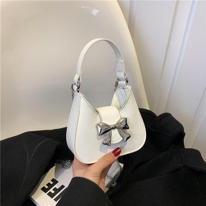 Black Pu Material Butterfly Knot Women's Bag 2024 Urban Simple Style Chain Shoulder Crossbody Handbag