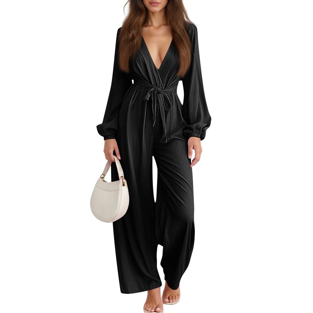 Women's Fashionable Sexy Style Deep V-Neck Long-Sleeve Solid Color  Wear Wide-Leg Pants Jumpsuit