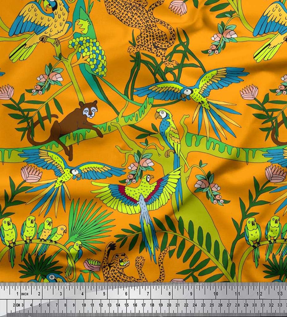 Soimoi Japan Crepe Satin Fabric Branches,Parrot & Leopard Jungle Print Fabric by the metre 42 Inch