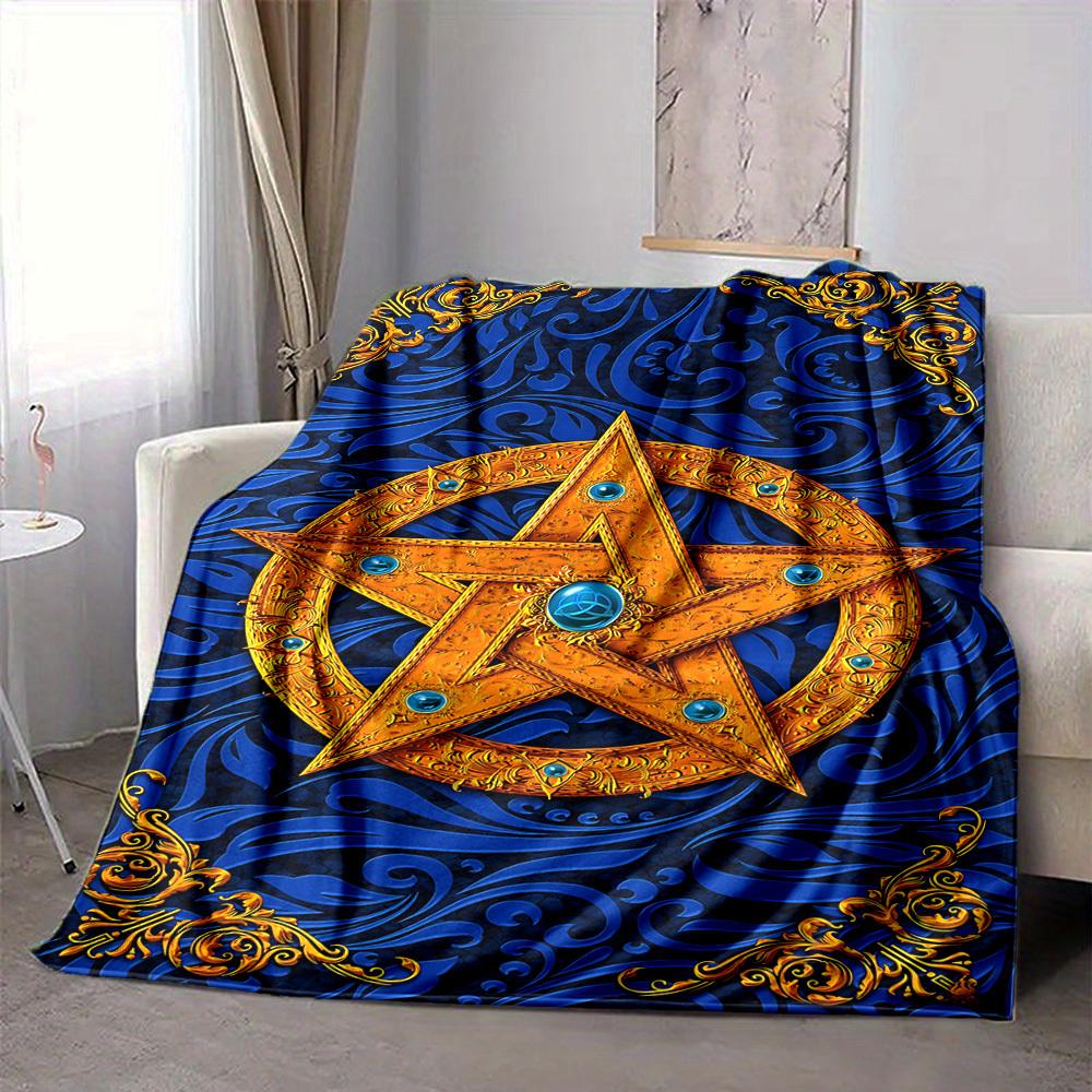 1pc Blue Golden Star Ornament Blanket Lightweight Flannel Blanket Throw Blanket For Sofa, Bed, Travel, Camping, Livingroom, Office, Couch, Chair, And