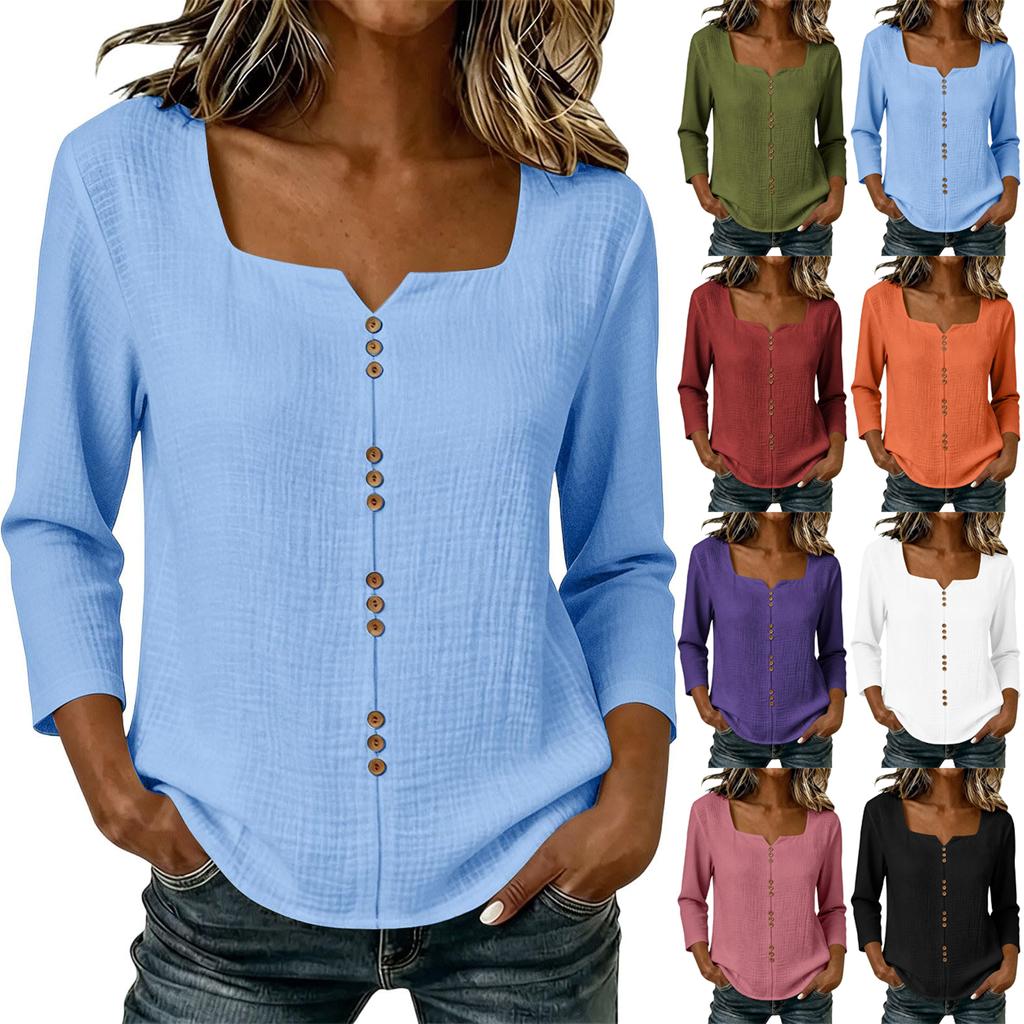 Women's V-Neck Three-Quarter Sleeve Button Down Blouse for Work in Cotton Linen