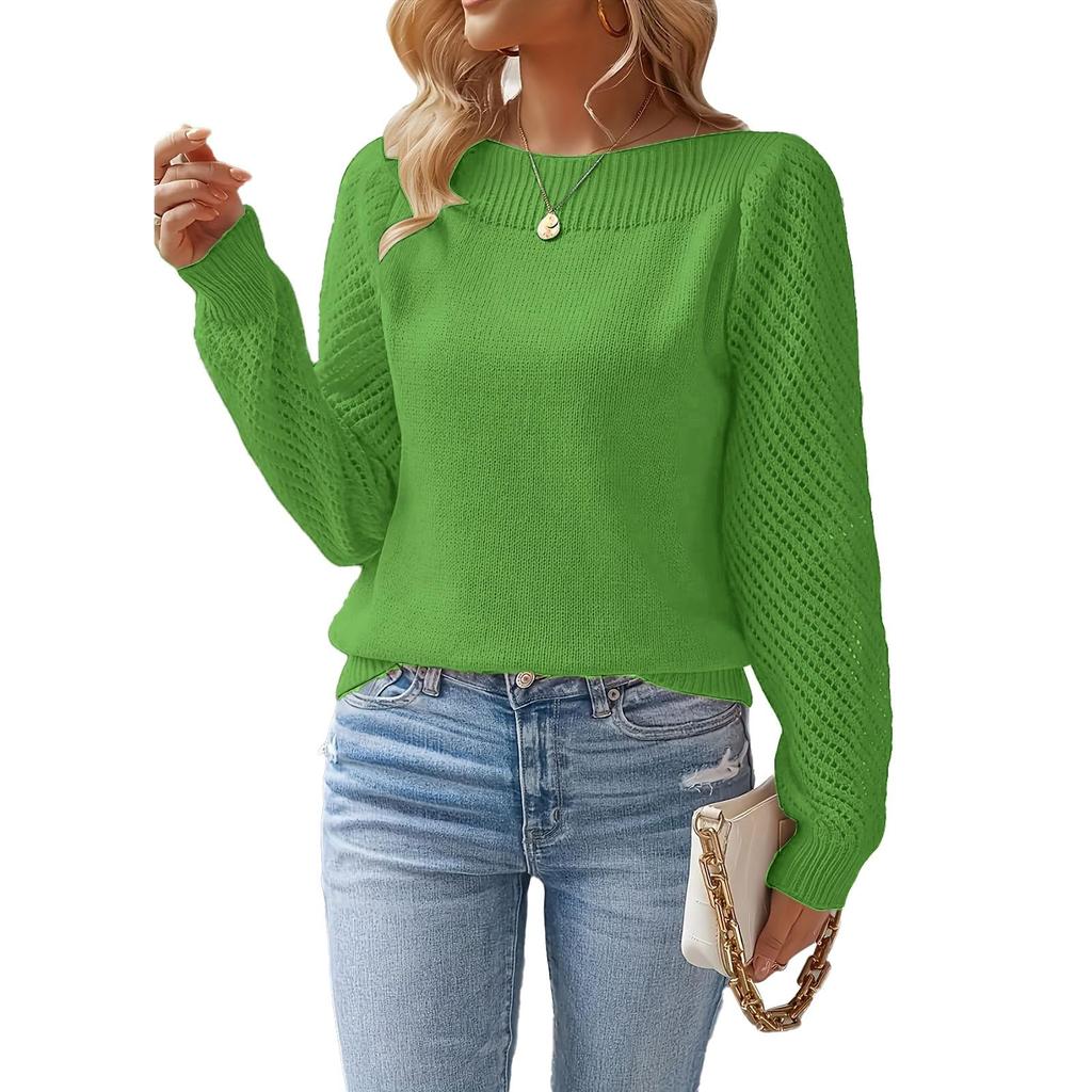 Women's Fashionable Casual Openwork Long-Sleeved Off-the-Shoulder Pullover Knit Top