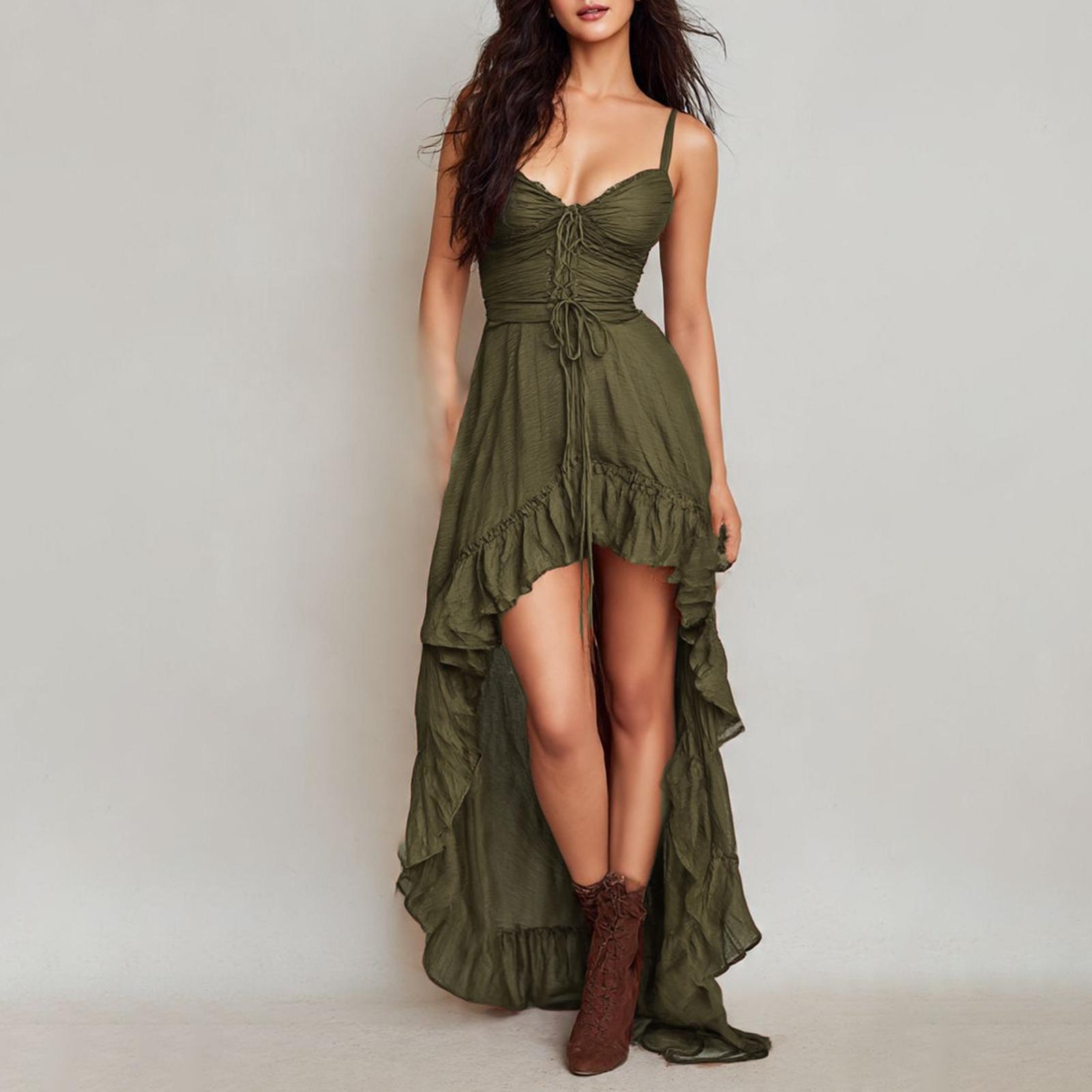 Ladies  Casual Ruffle Edge Camisole Retro Irregular Camisole Dress L армия зеленый