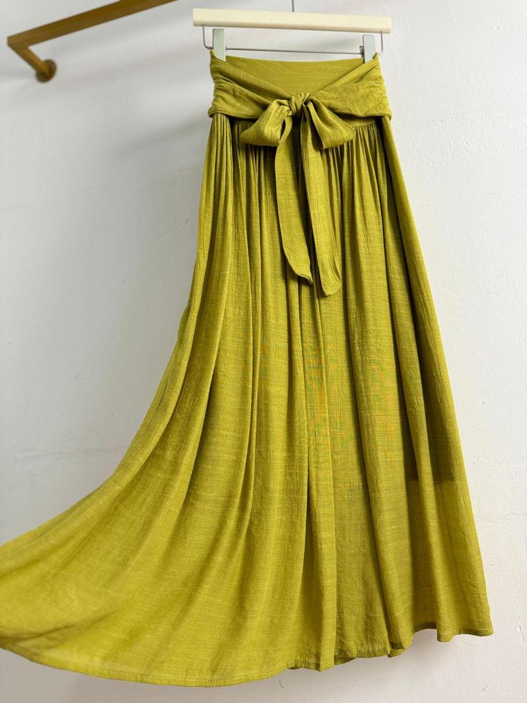 Damen Midi-Rock im Strandstil aus Baumwoll-Leinen mit Schnürung, A-Linie, mit Aquarell-Design