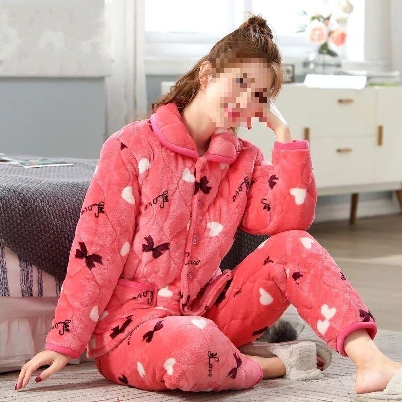Pajamas women's three-layer thickened winter suit can wear large-size thermal padded loungewear