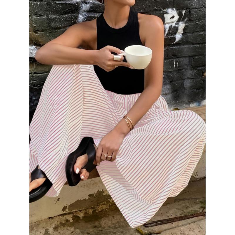 Fashion Striped Elastic Waist Straight Leg Wide Leg Pants Women Elegant Casual Loose Long Pants Spring Autumn Printed Simple Clothing