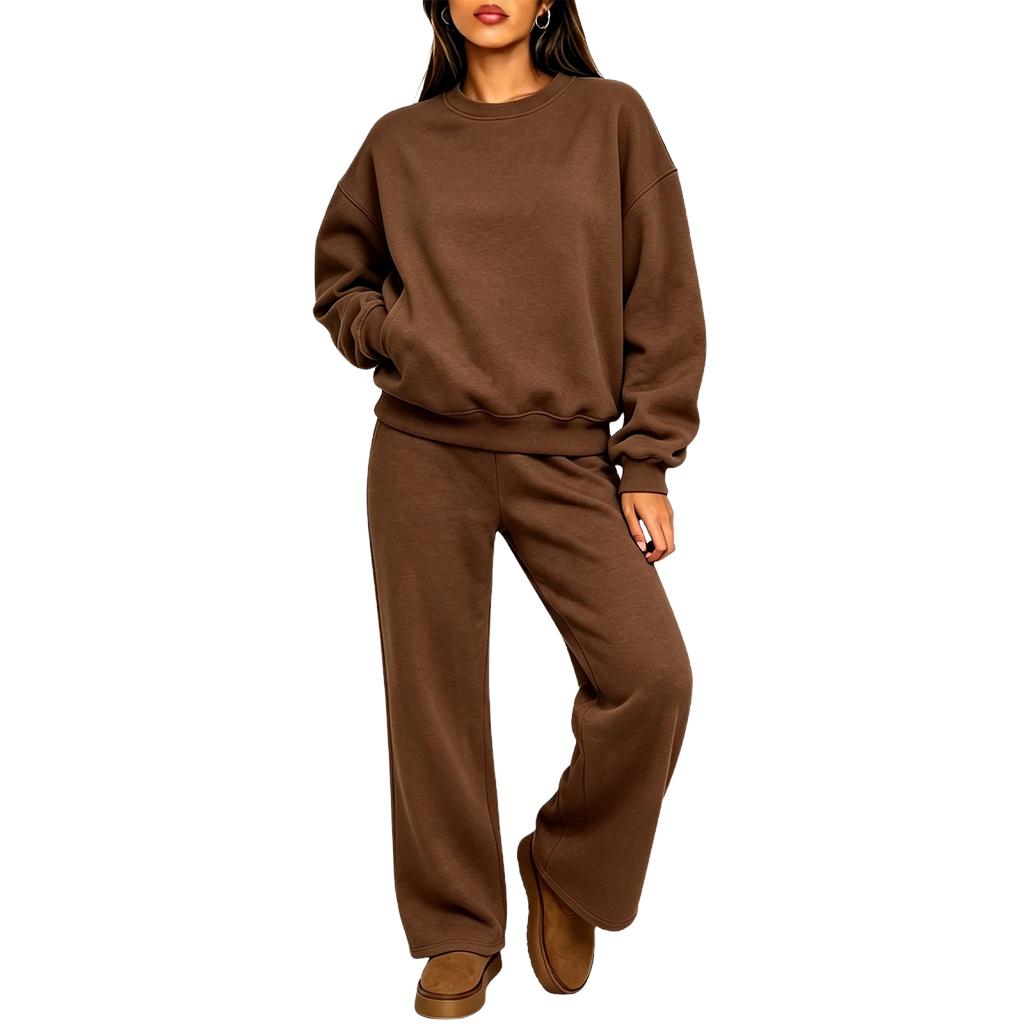 Damen 2-teiliges Set Farbe Hals Langarm Pullover Sweatshirt mit Elastischer Taille Jogginghose