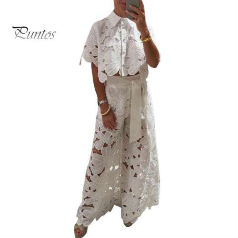 

Pcs/Set Women Top Pants Suit Hollow Out Flower Applique Turn-down Collar Button-down Short Blouse Wide Leg Trousers Set M белый