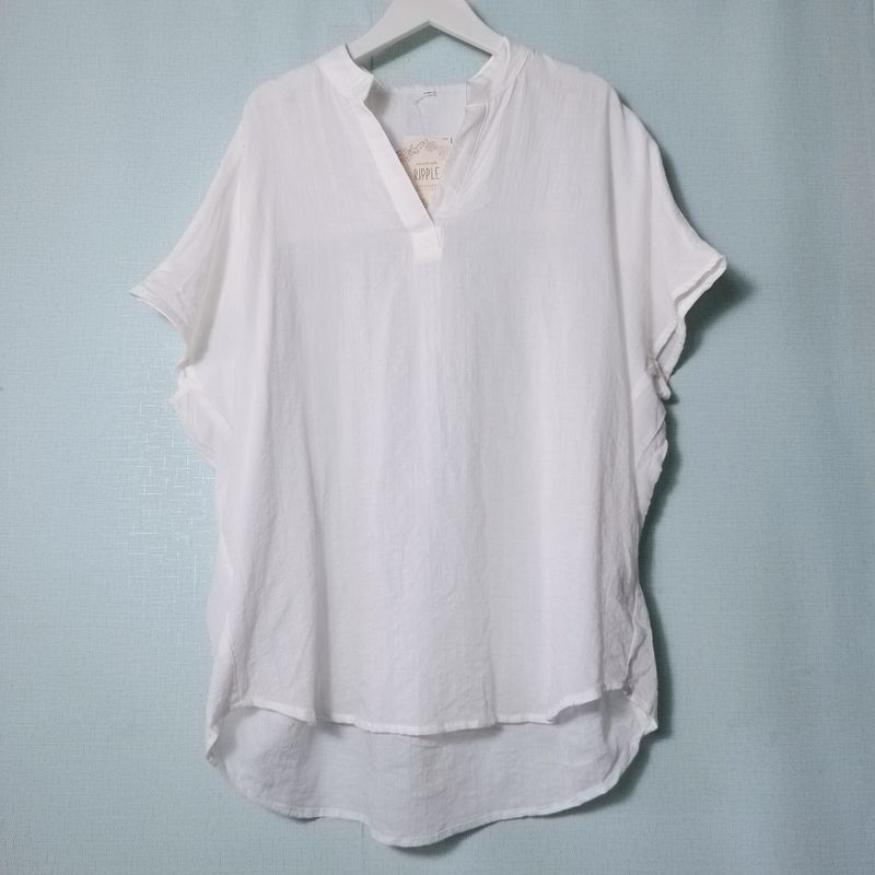 

Export Tail Goods Stand Collar Half Open Hidden Hook Short Sleeve Shirt Women s Sleeve Shoelace Loose Casual Cool Idle Style White stand collar V Neck XL