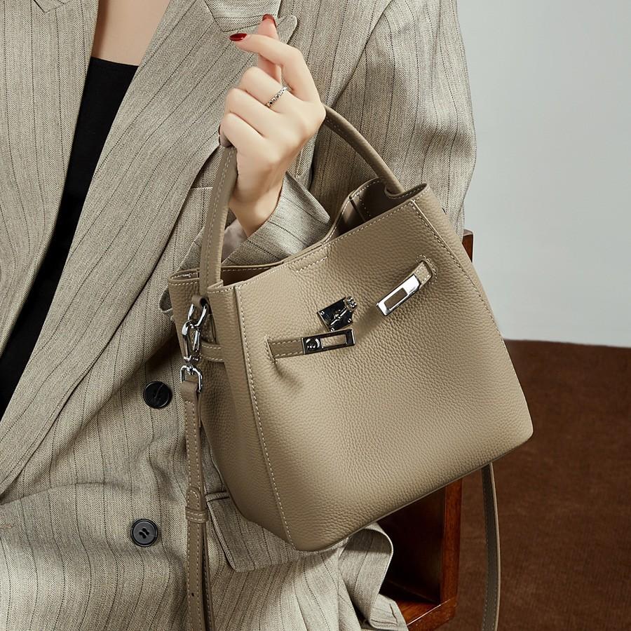 First Layer Cowhide Vegetable Basket Bucket Bag Women'S Leather Versatile Premium Shoulder Bag Portable Oblique Span Women'S Bag