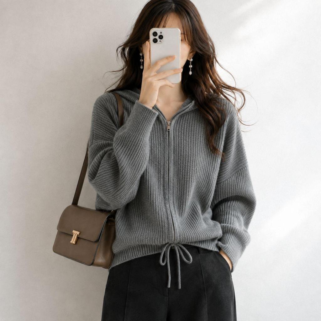 Women's Japanese Style Hooded Knit Cardigan - Autumn/Winter, Loose Fit, Short Zipper with Drawstring
