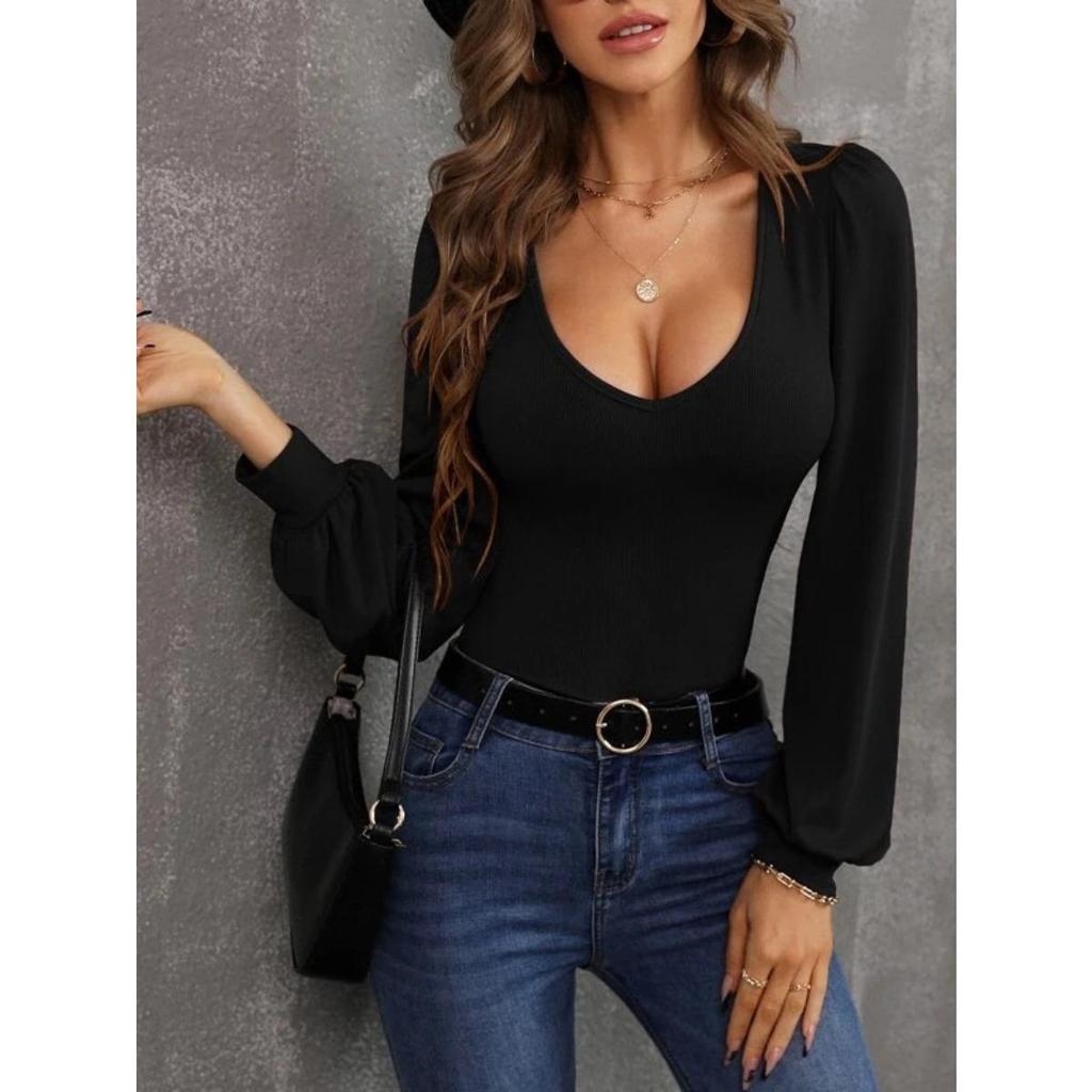 New Women's Slim Fit Knitted Sweater with Low Neckline, Lantern Sleeves for Autumn JOOM
