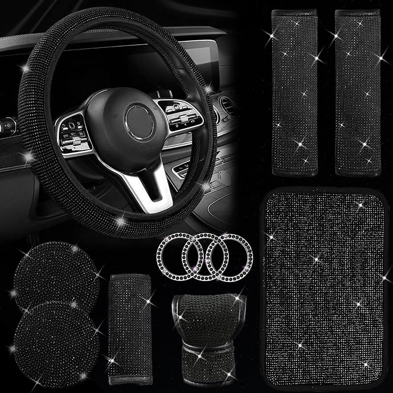 11 Pcs Bling Car Accessories Set,Bling Car Accessories Set For Women,Steering Wheel Cover For Women Universal Fit 15 Inch,Rhinestone Center Console