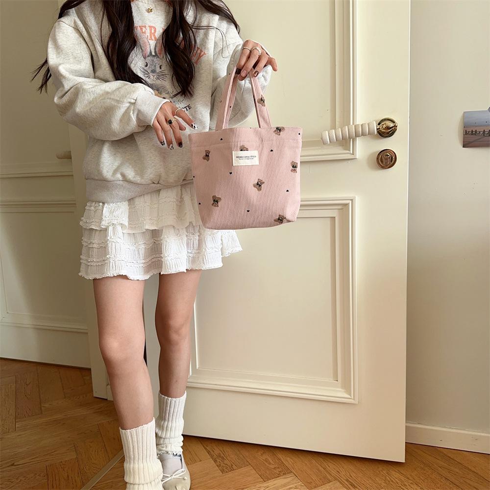 Corduroy Bear Handbag for Women, Outer Carry Bag, Lunch Bag, Student Small Lunch Box