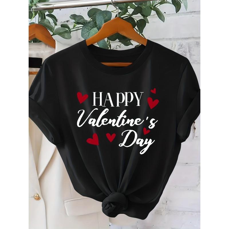 European size Women's Valentine's Day Heart Print T-Shirt - Cute Short Sleeve Round Neck Blouse with Valentine's Heart Lettering