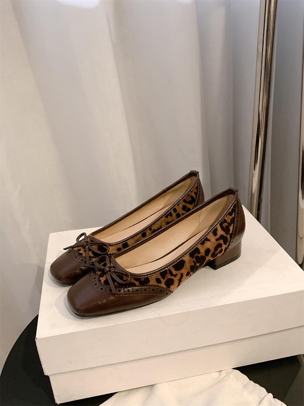 

Sheepskin version~ Retro bow leather leopard print shoes Mary Jane single shoes women s beautiful small heels ballet shoes ladyshoes 40