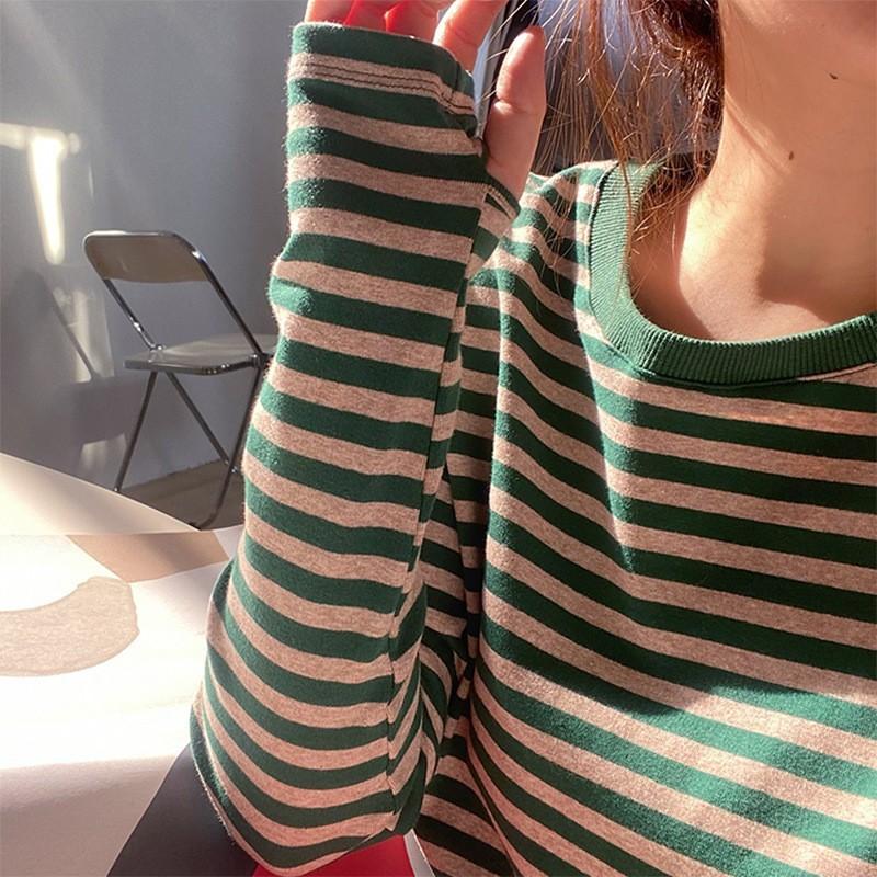 O-neck Long Sleeve Female Cotton Tees Spring Summer Ladies Striped T-shirs Casual Loose Women Pullovers Tops