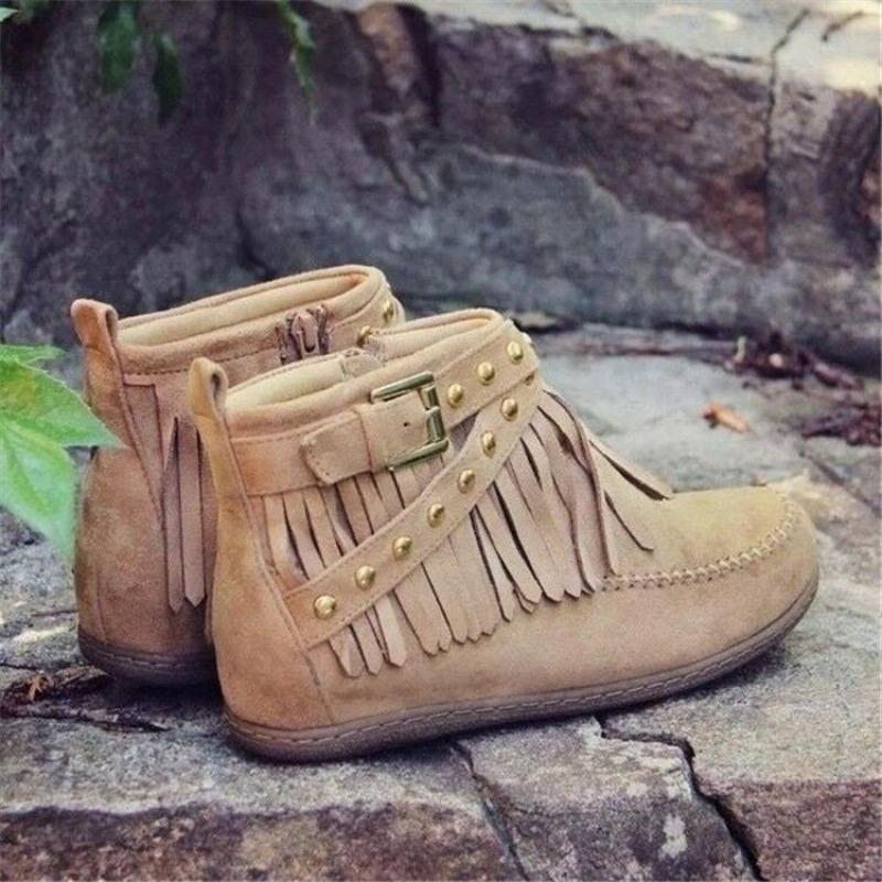 Autumn and Winter Short Boots Fringed Boots Women's Flat-bottomed Buckle Martin Boots Retro Knight Boots Malaysian Machine