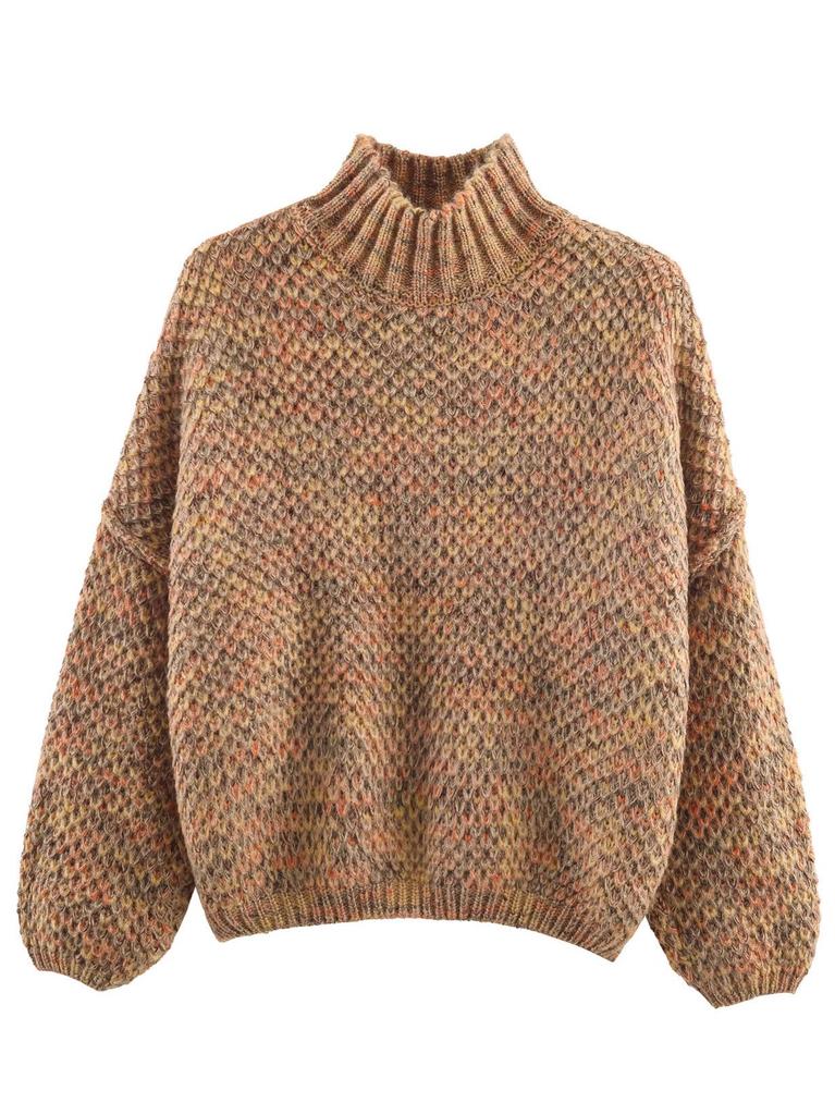 Autumn Winter Floral Yarn Chunky Knit High Neck Sweater - Women's Loose Fit