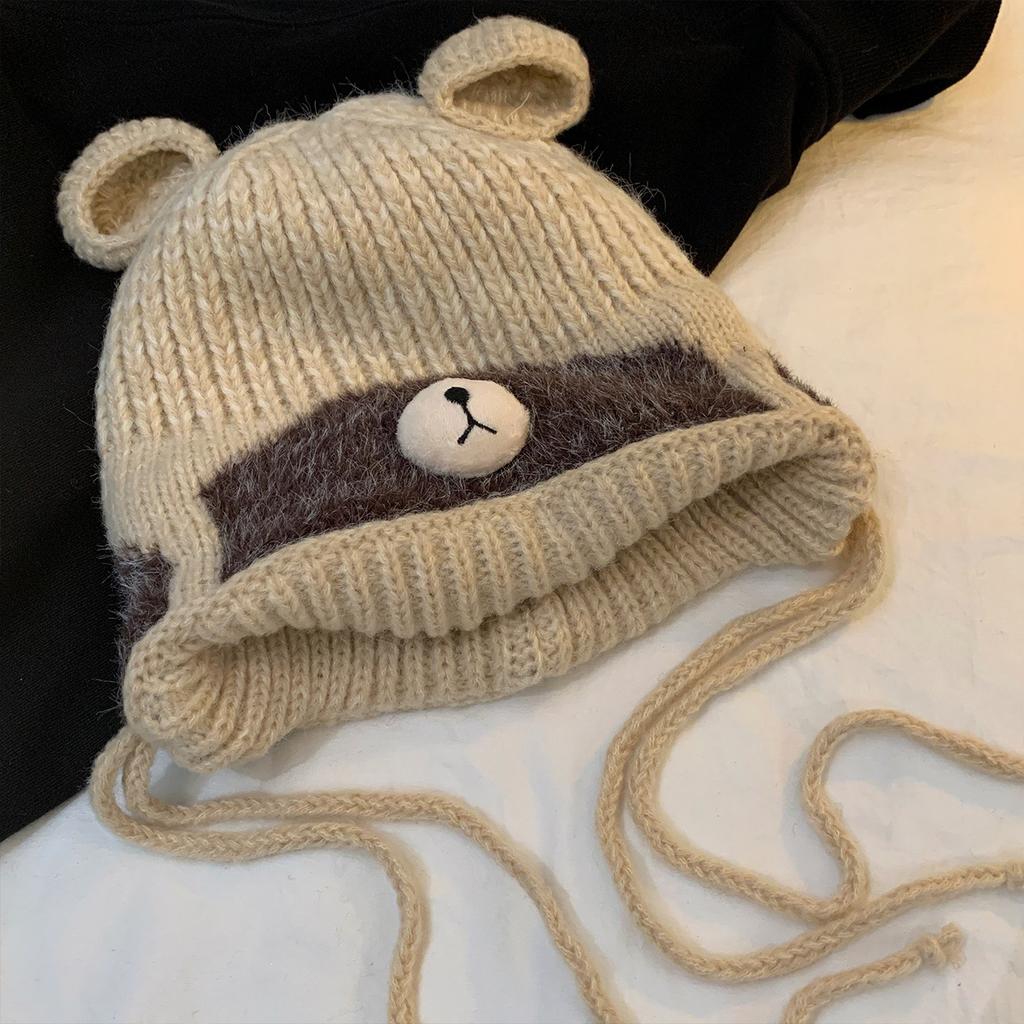 Cute bear ears straps wool hat female warm big head circumference showing face small knitted ear protector Lei Feng hat