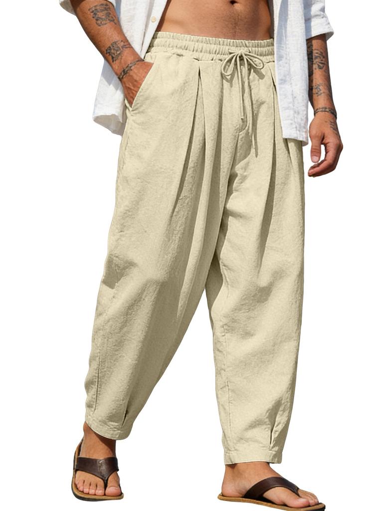 Men's long pants cotton and linen long pants beach pants solid color pants breathable vacation daily casual pants