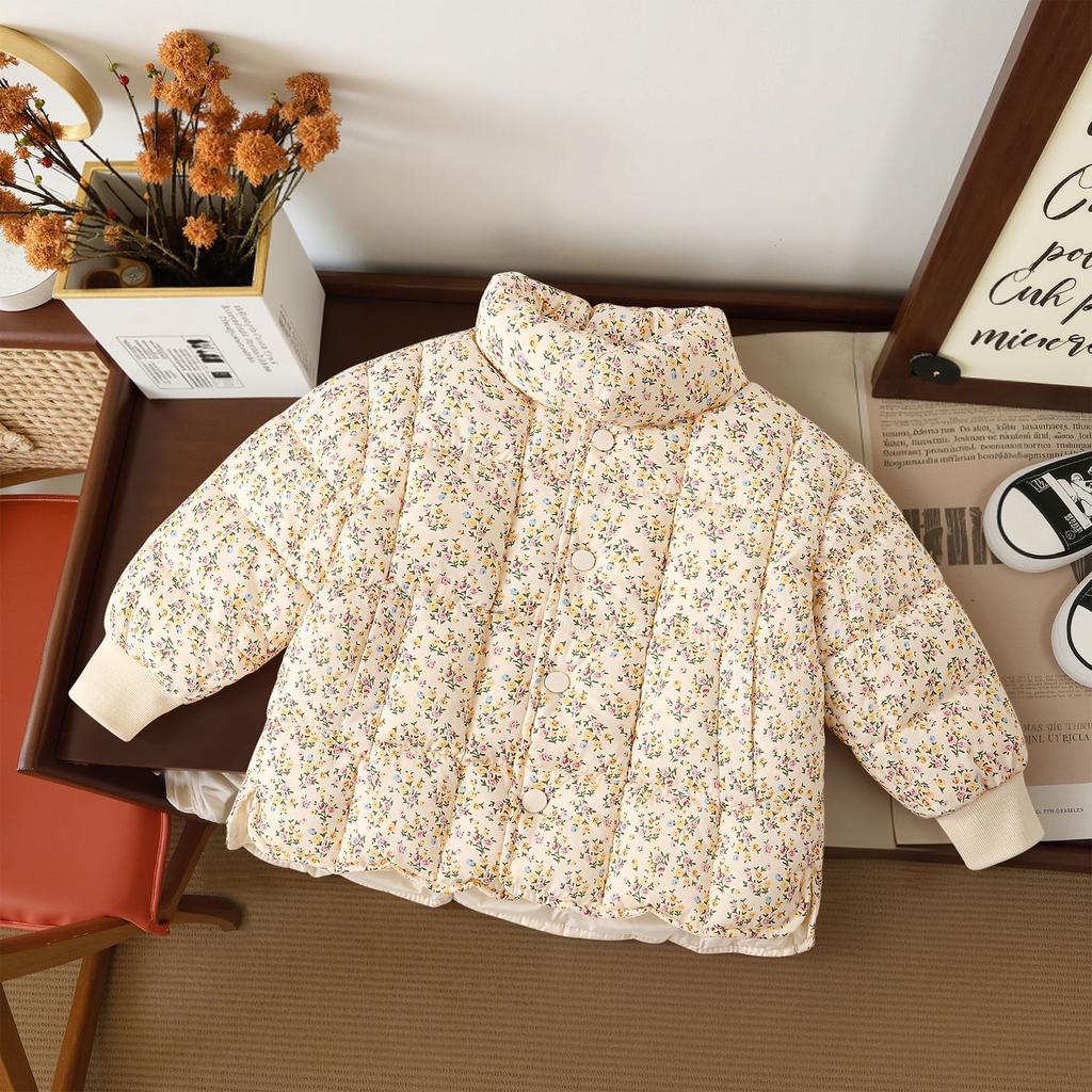 Mädchen-Herbst-/Winter-Baumwolljacke mit Blumenprint – Kleine bis mittlere Größen, Koreanischer Stil, Verdickt, Frisch aussehende Oberbekleidung