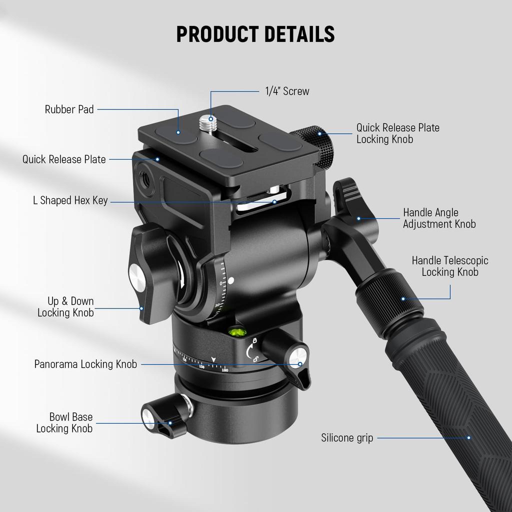 Neewer GM35 Tripod Fluid Head with Leveling Base Compact Metal with QR Plate and Telescopic for and Head Mounted Cameras and Maximum Load 5kg +/-7°