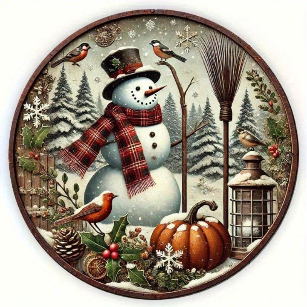 Vintage Tin Wall Sign Snowman Christmas Round Metal Decor 7.8 Inch Home Ornament