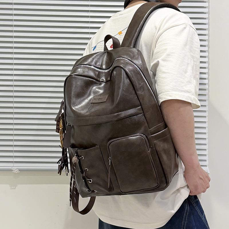Schoolbag Vintage Leather Backpack Men's Premium Waterproof Commuter Travel Computer Backpack High School Student College Bag