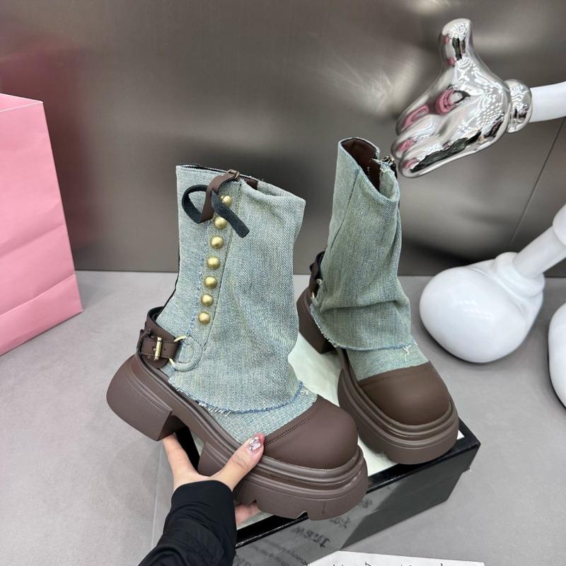 2024 New Thick-soled Women's Flat-soled Ankle Cowboy Boots Winter Fashion Gothic Fashion Trendy Motorcycle Short Boots