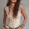 Womens Western Suede V-Neck Sleeveless Crop Top Retro Style With Pockets