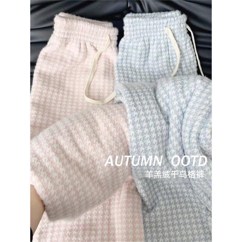 Autumn and winter new lazy style casual pants women's drape straight thin lamb wool thousand bird grid wide leg pants