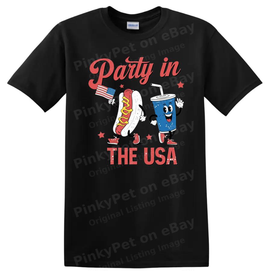 Party In the USA Hot Dog Soda T Shirt Cute Graphic Funny Tee for Summer Fun