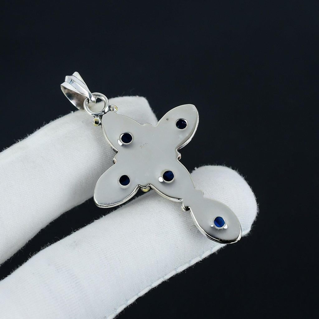 Blue Sapphire Gemstone Silver Cross Pendant in 925 Sterling Silver- Handmade Design, Everyday Wear Jewelry, Unique Pendant Gift For Her
