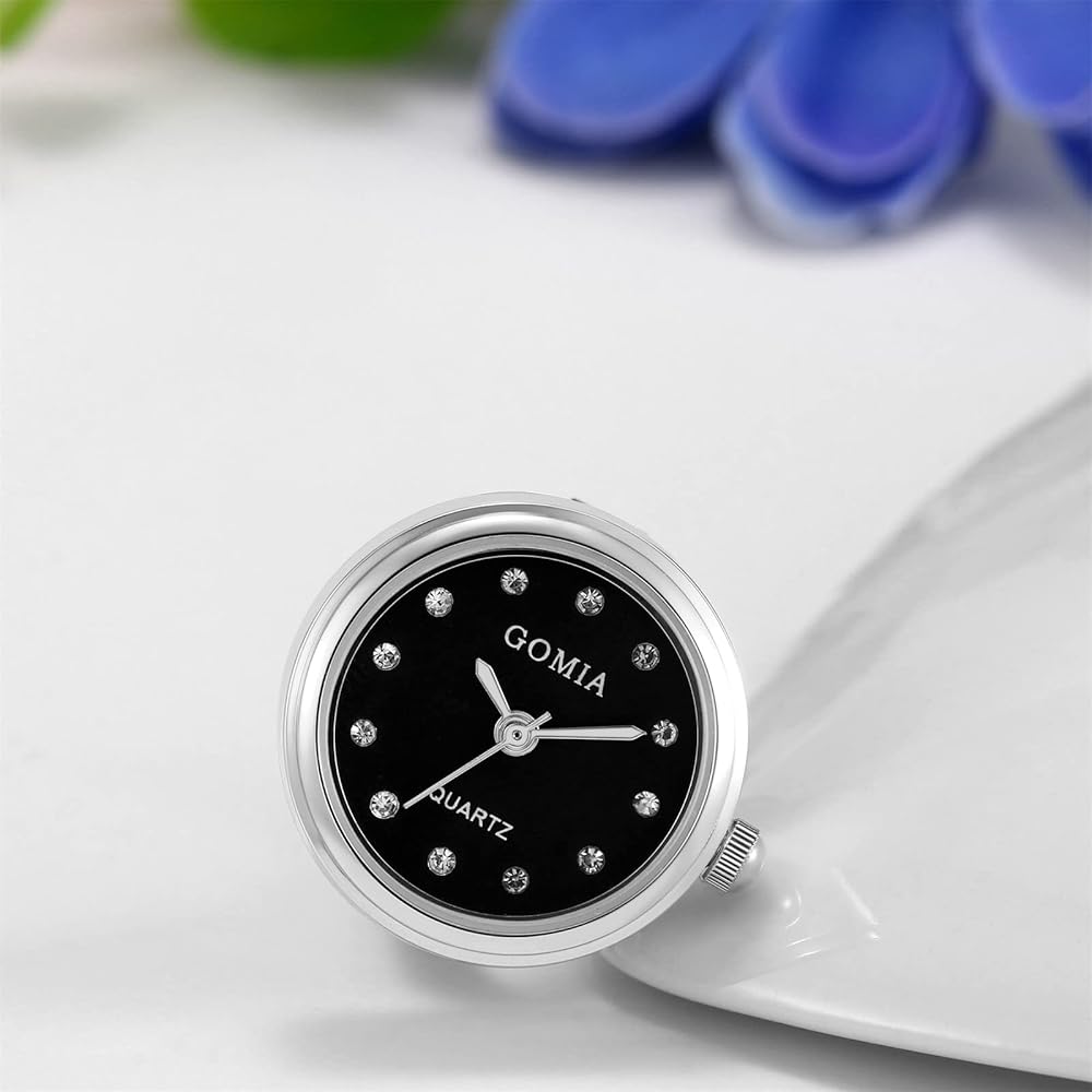 Silver and Black Women's Analog Ring Watch with 3ATM Waterproof, Free Size Fashion Accessory