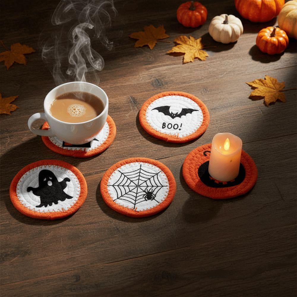6pcs Cotton Rope Woven Coaster Thick Texture Pumpkin Mat Halloween Placemat Holiday Gifting