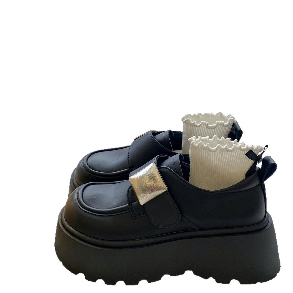 Big Head Velcro Small Leather Shoes Women's 2025 Autumn New Retro British Style Thick Sole Heightening Versatile Loafer Single Shoes