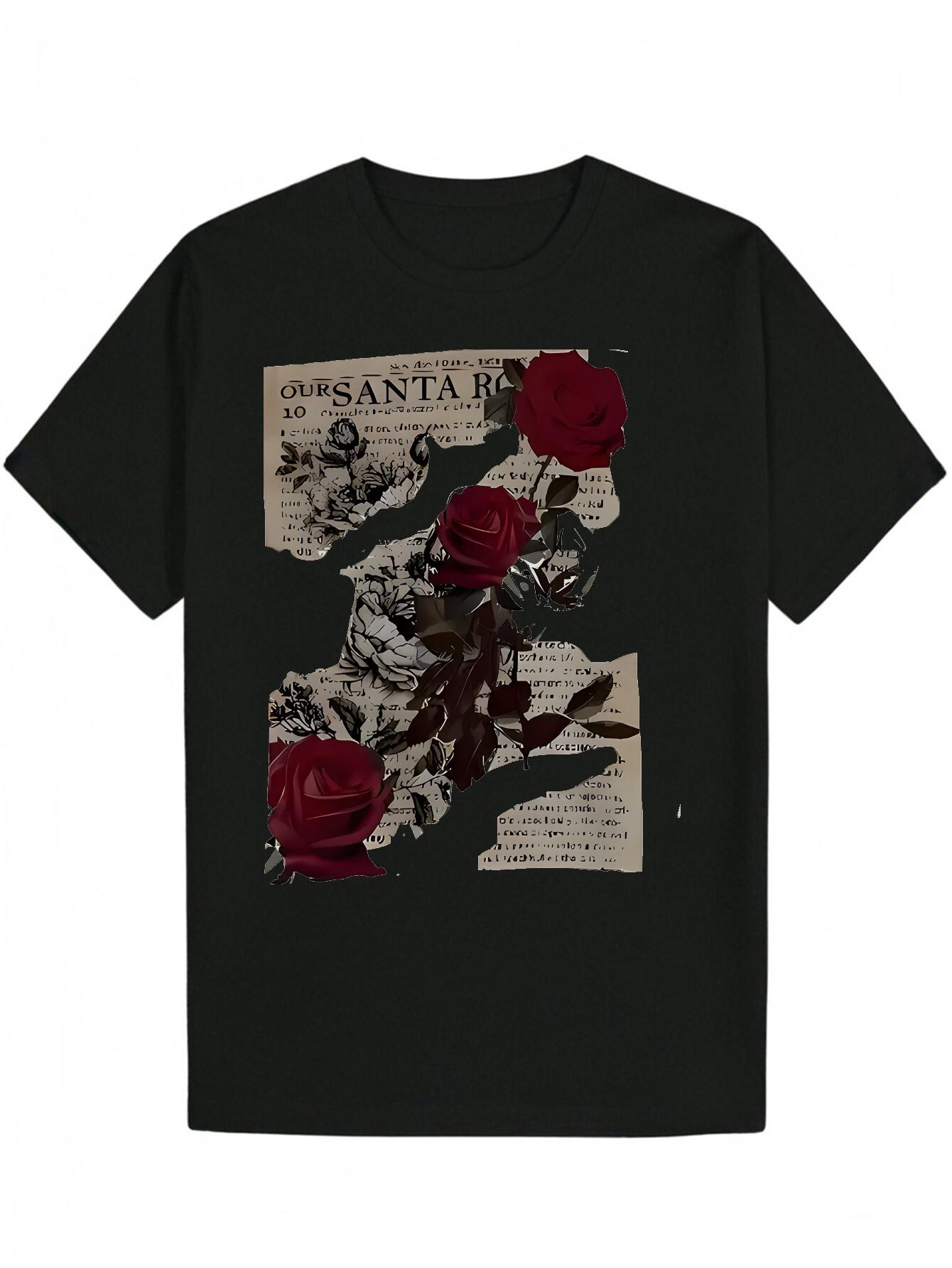 Casual Crew Neck T-shirt - Black Polyester with Vintage Santa Rosa Rose Design XXL