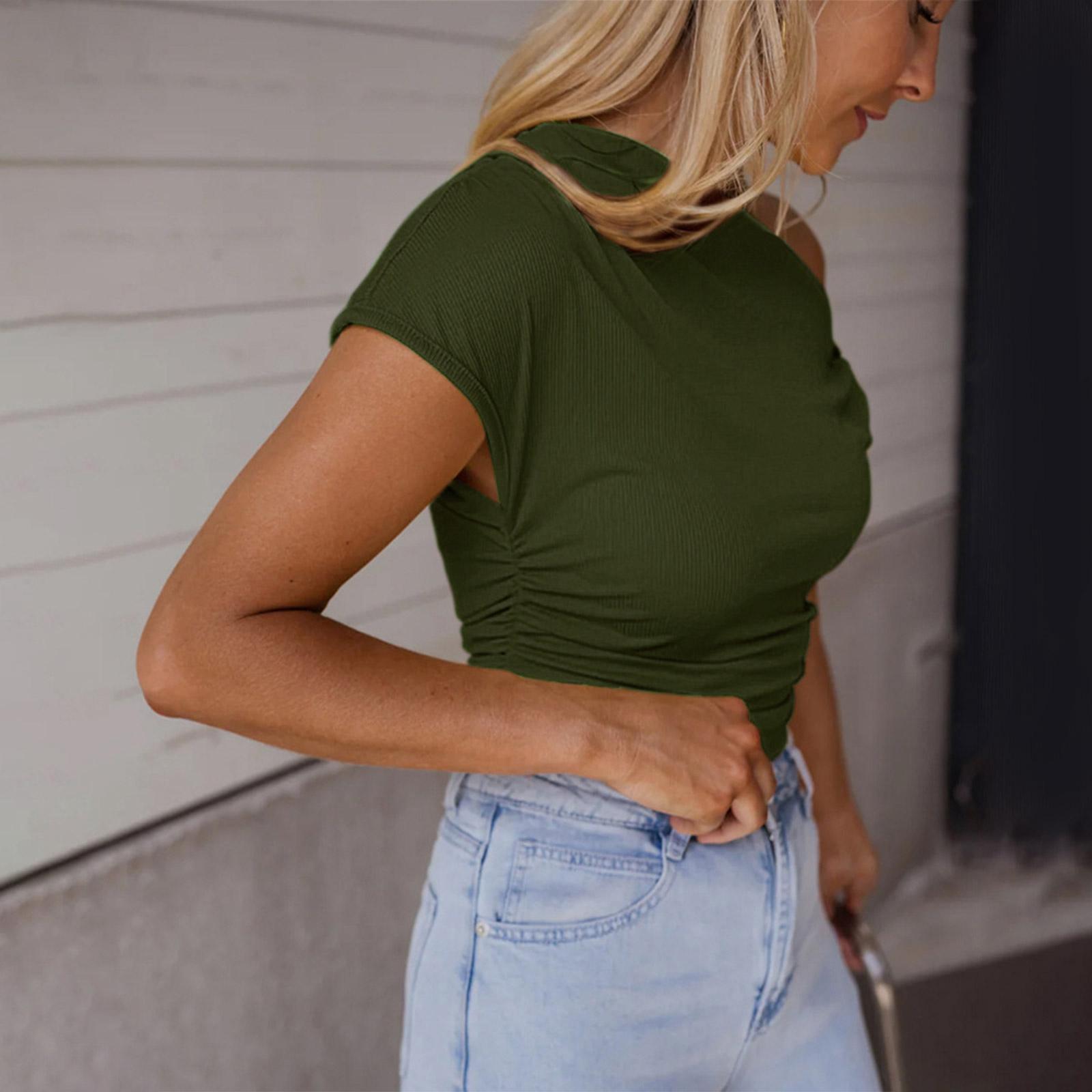 Женская мода Новая летняя облегающая вязаная футболка с декоративным цветом, короткий рукав, топ L армия зеленый