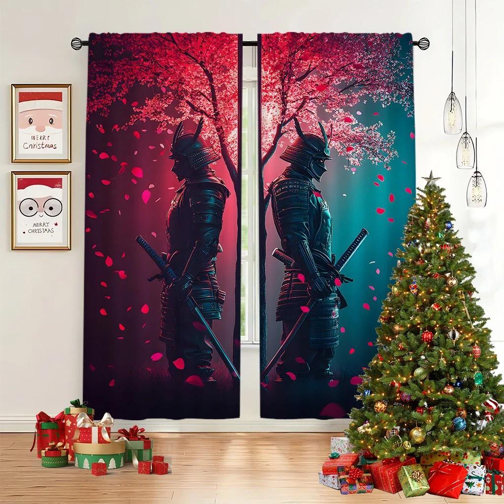 JIT 2pcs Floral Samurai Blackout Curtain   Design Rod Pocket Curtain   Polyester Window Decor for Home Decor.