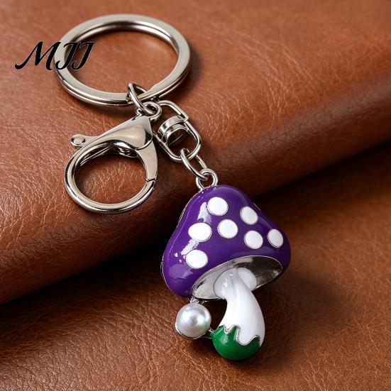 Faux Pearl Combination Keychain Zinc Alloy Pendant, Dripping Process Key Ring with Imitation Cartoon Charm Mushroom Shape, Multiple Colors Bag