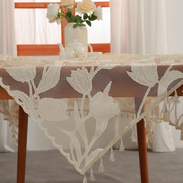 1pc Tassel Lace Tablecloth Suitable for Home Table Decoration, Dining Tablecloth, Coffee Tablecloth, Fabric, Rectangular