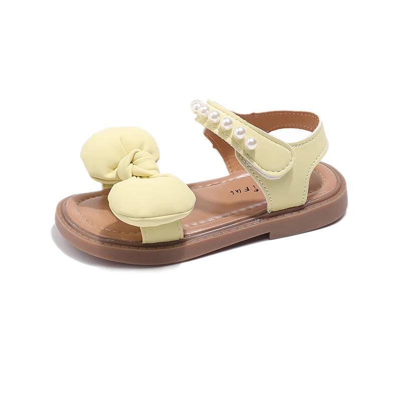 Baby Girls Sandals Soft Big Bowtie with Pearls Beading Princess Sweet Candy Color Kids Beach Shoes 2024 New Children Summer Flat