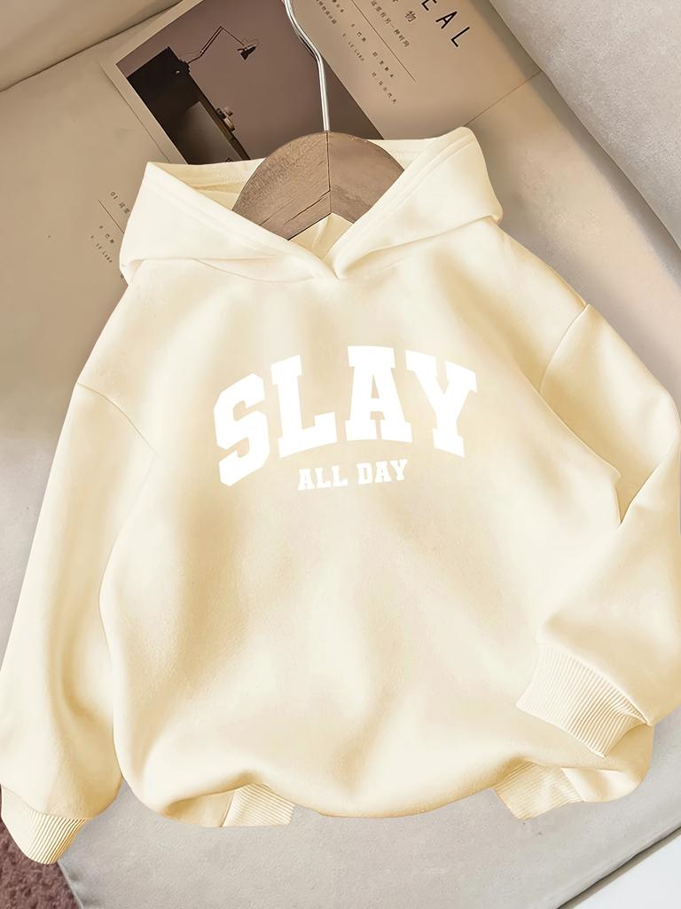 SLAY ALL DAY Huvtröja Casual Långärmad Vintertröja med Tydlig Text Vinterkläder för Flickor Bekväm Passform